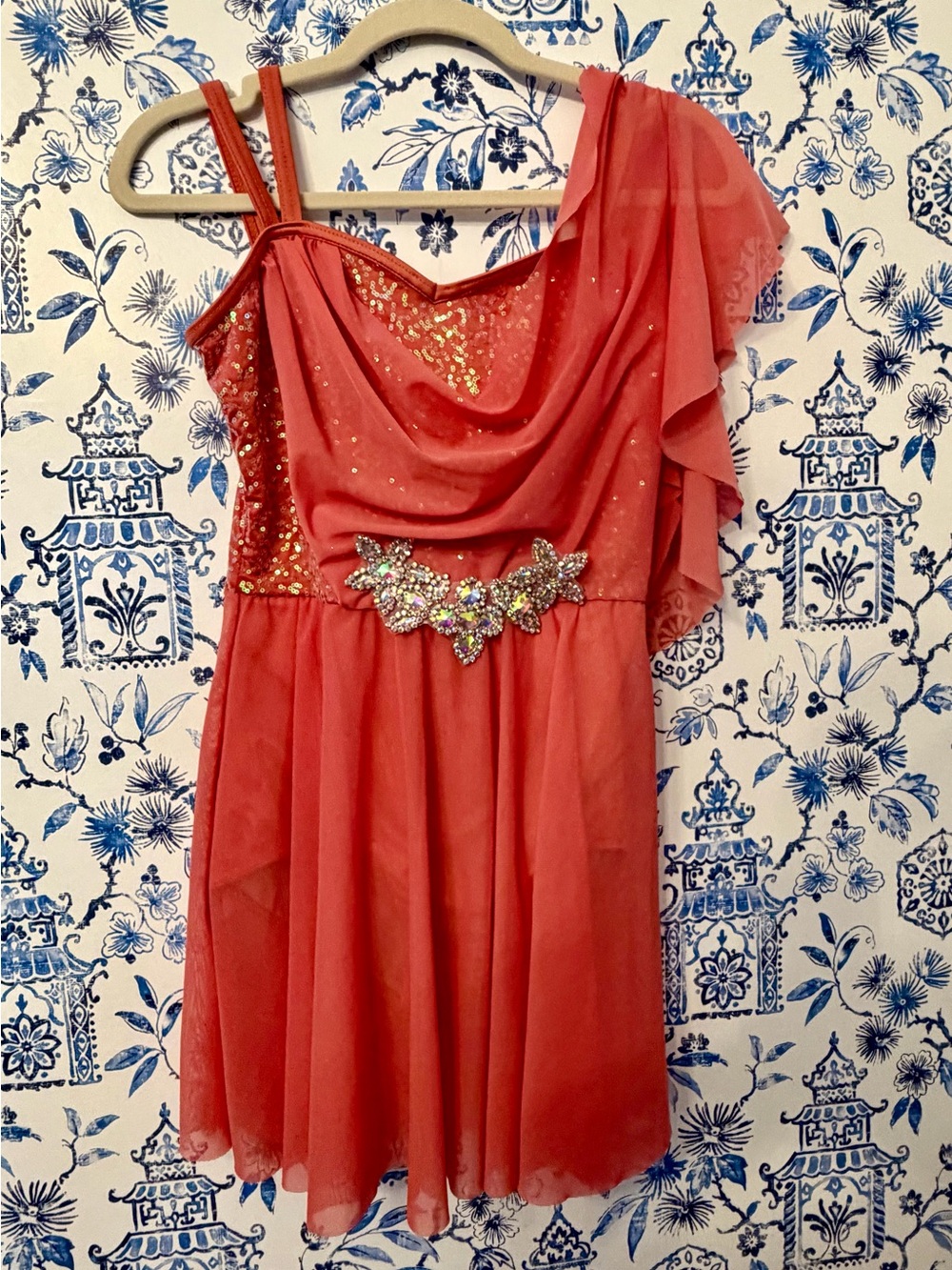 Coral One-Shoulder Sequin dance costume